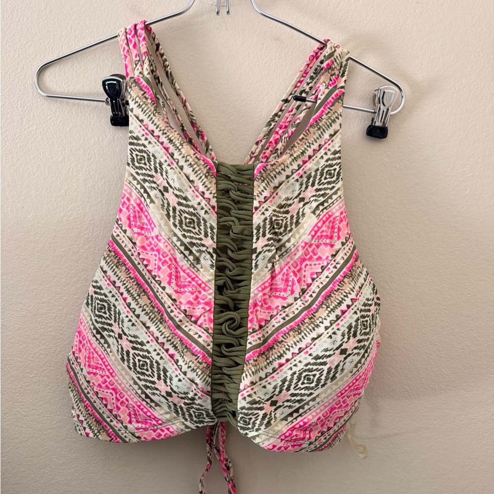 Time and Tru Pink and Olive Green Tribal Print Tank Top